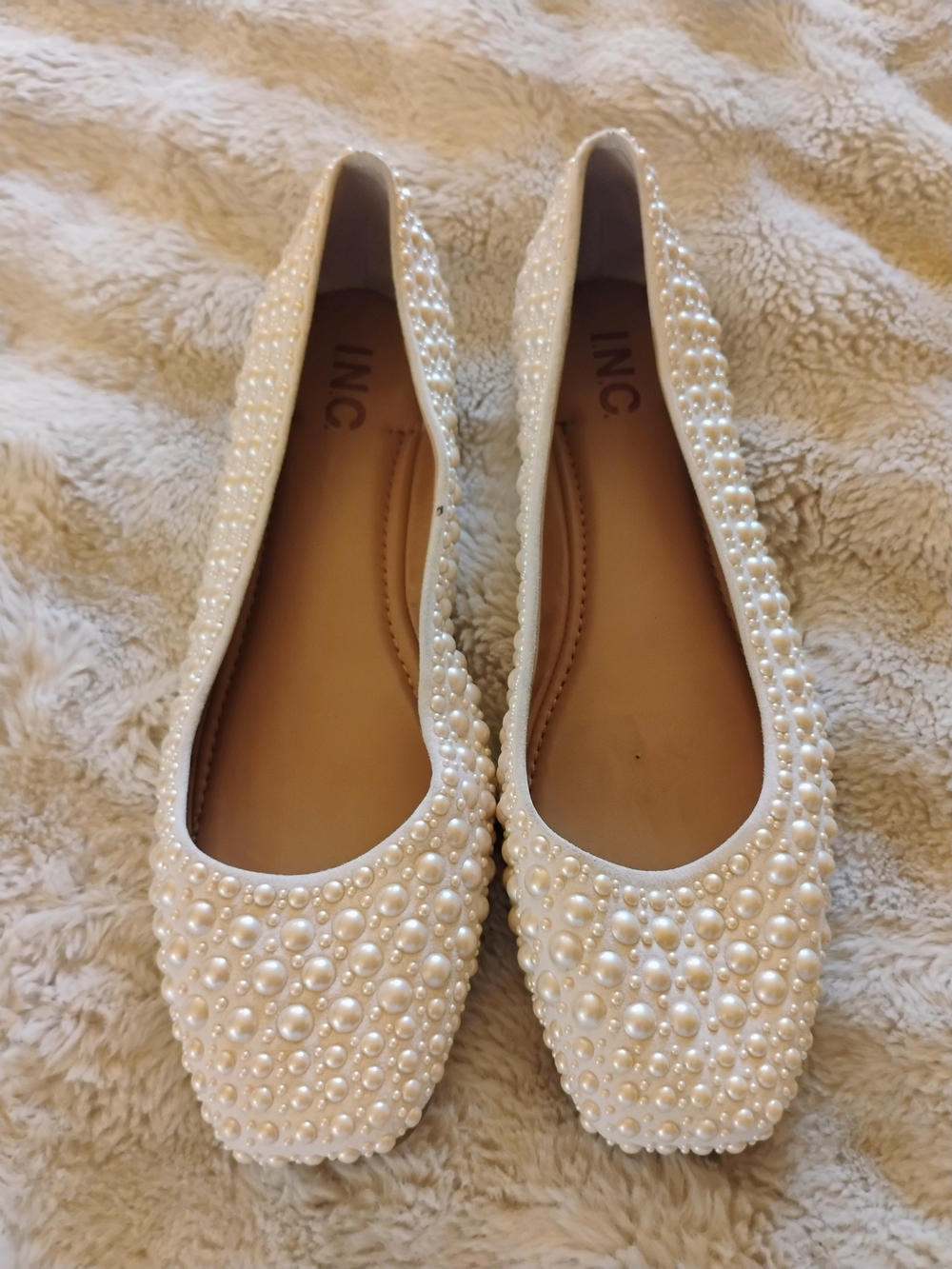 INC International Concepts Cream Pearl-Embellished Women's Flats